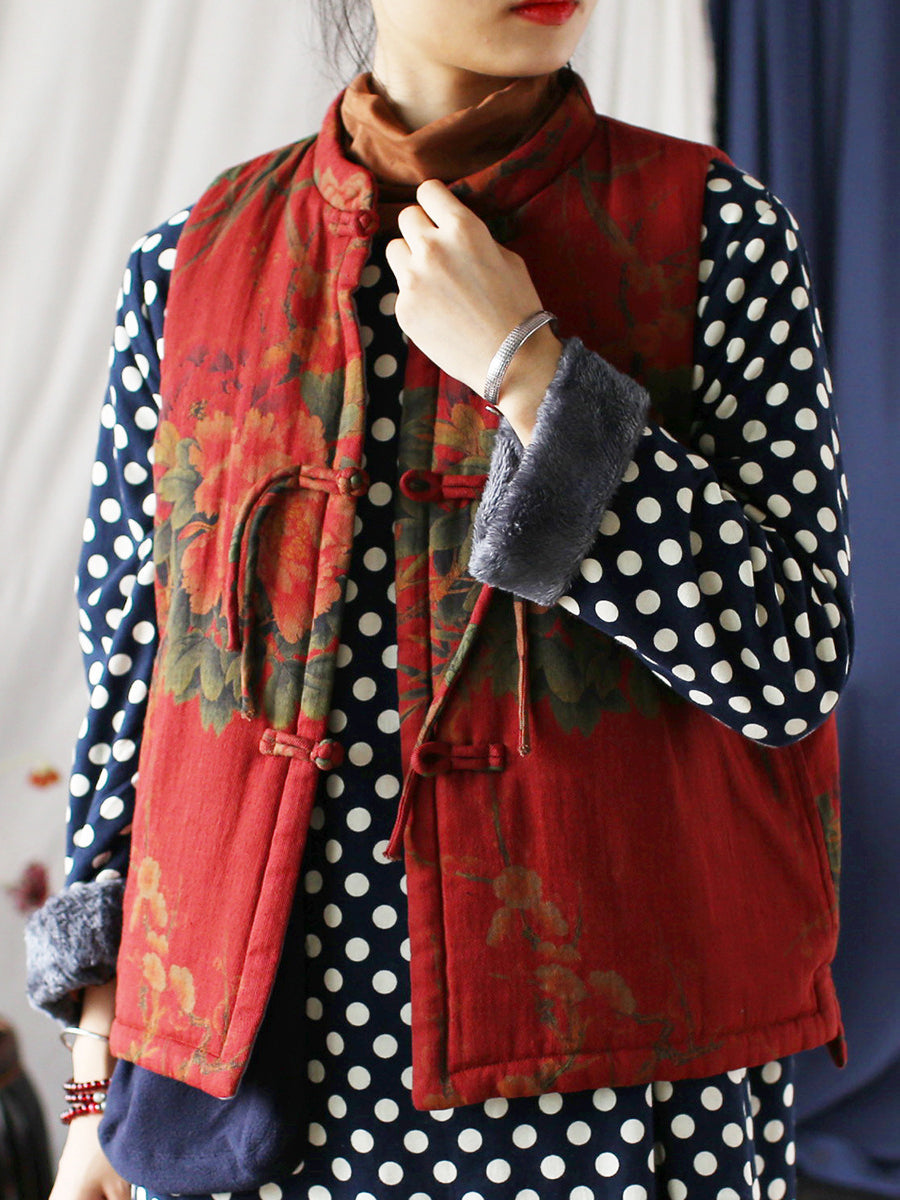 Women Vintage Flower Print Cotton Padded Coat