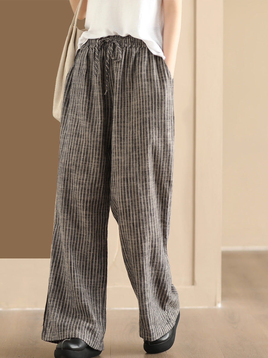 Women Vintage Stripe Linen Straight Leg Pants