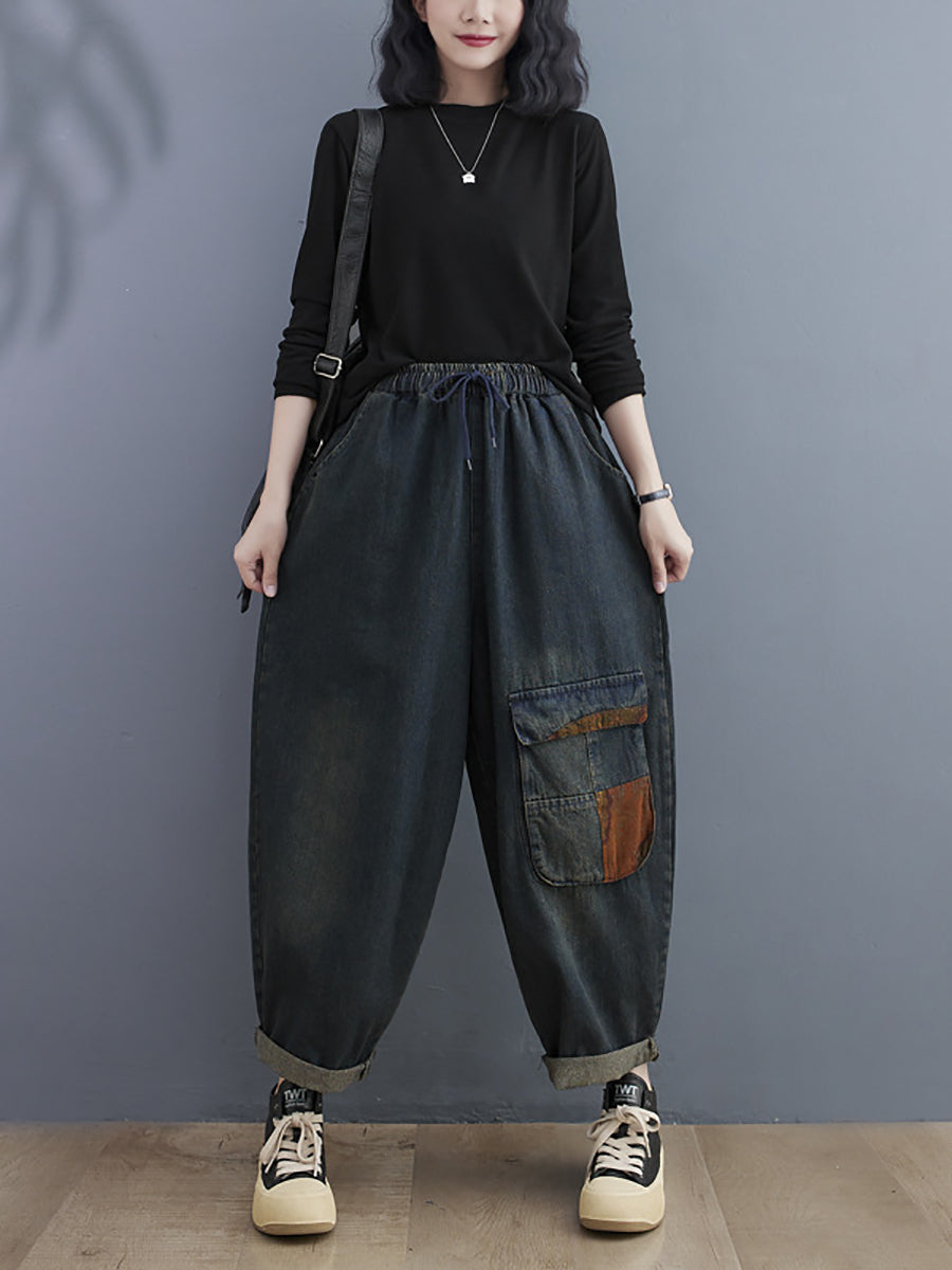 Women Winter Vintage Spliced Loose Denim Harem Pants