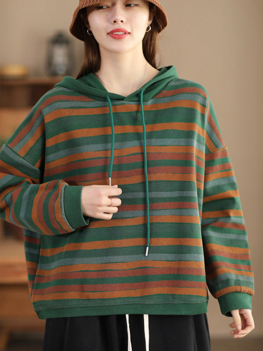 Women Casual Stripe Spring Hooded Sweatshirt