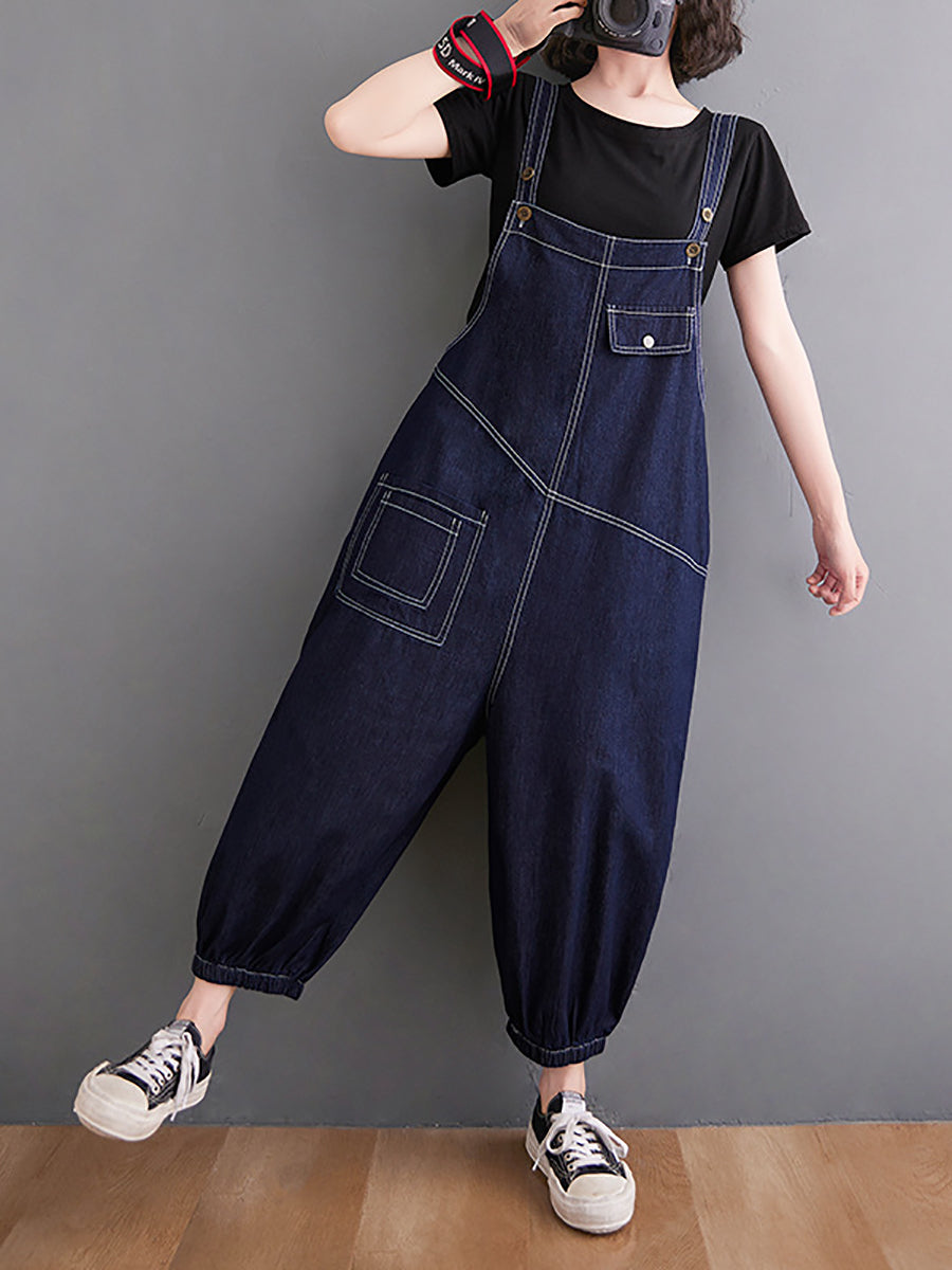 Women Vintage Solid Stitching Loose Denim Jumpsuits