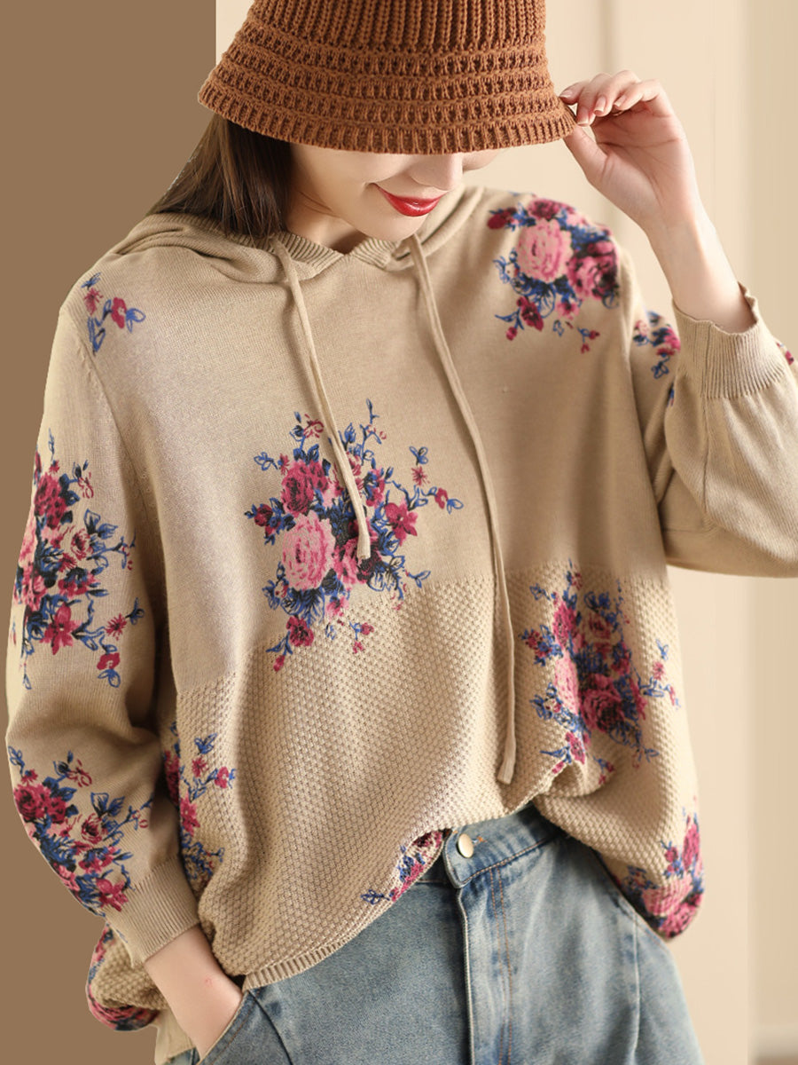 Women Vintage Floral Knitted Hooded Sweatshirt