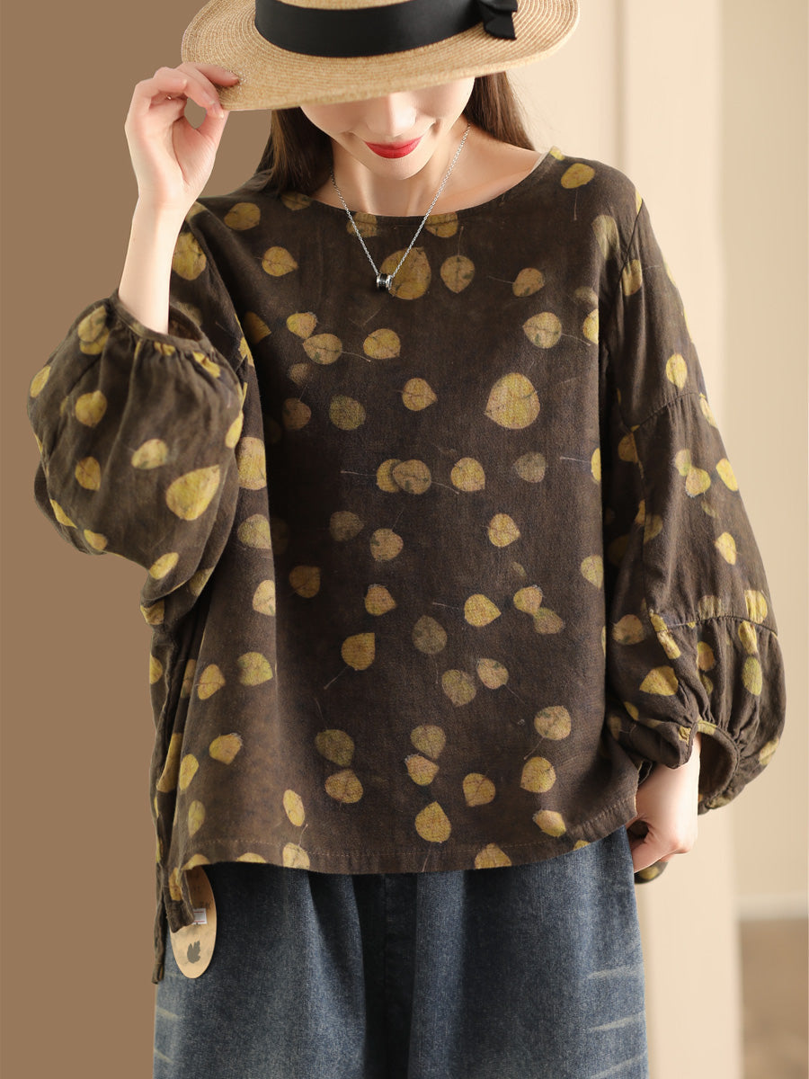 Women Vintage Floral Lantern Sleeve Cotton Shirt