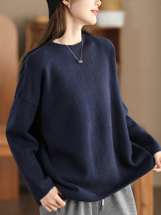 Women Casual Winter Solid Knitted O-Neck Sweater