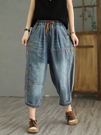 Women Retro Flower Embroidery Harem Jeans