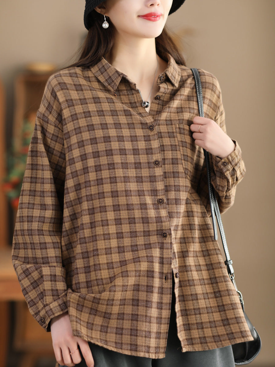 Women Casual Spring Cotton Plaid Shirt