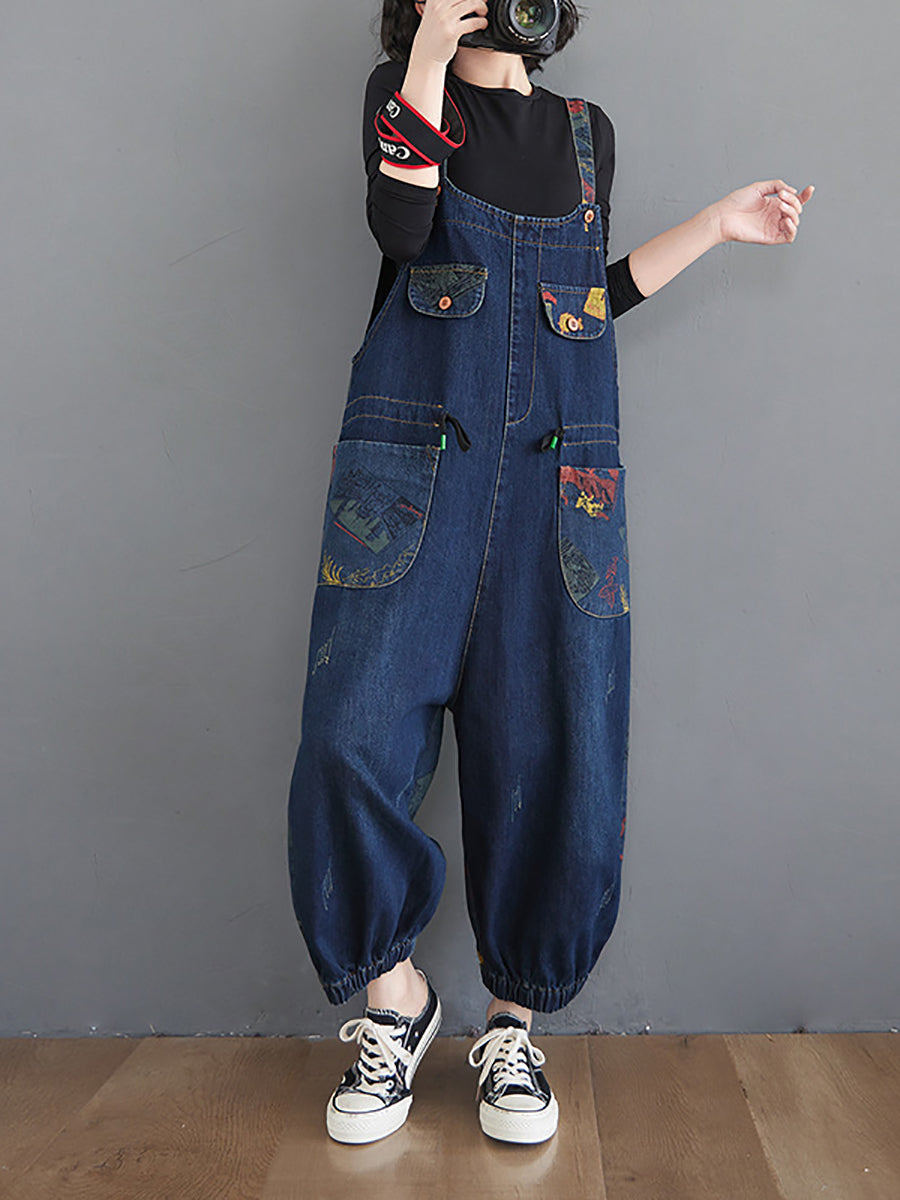 Women Casual Retro Print Pocket Loose Spliced Denim Jumpsuits