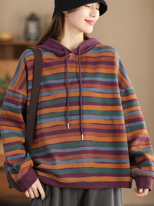 Women Casual Stripe Spring Hooded Sweatshirt