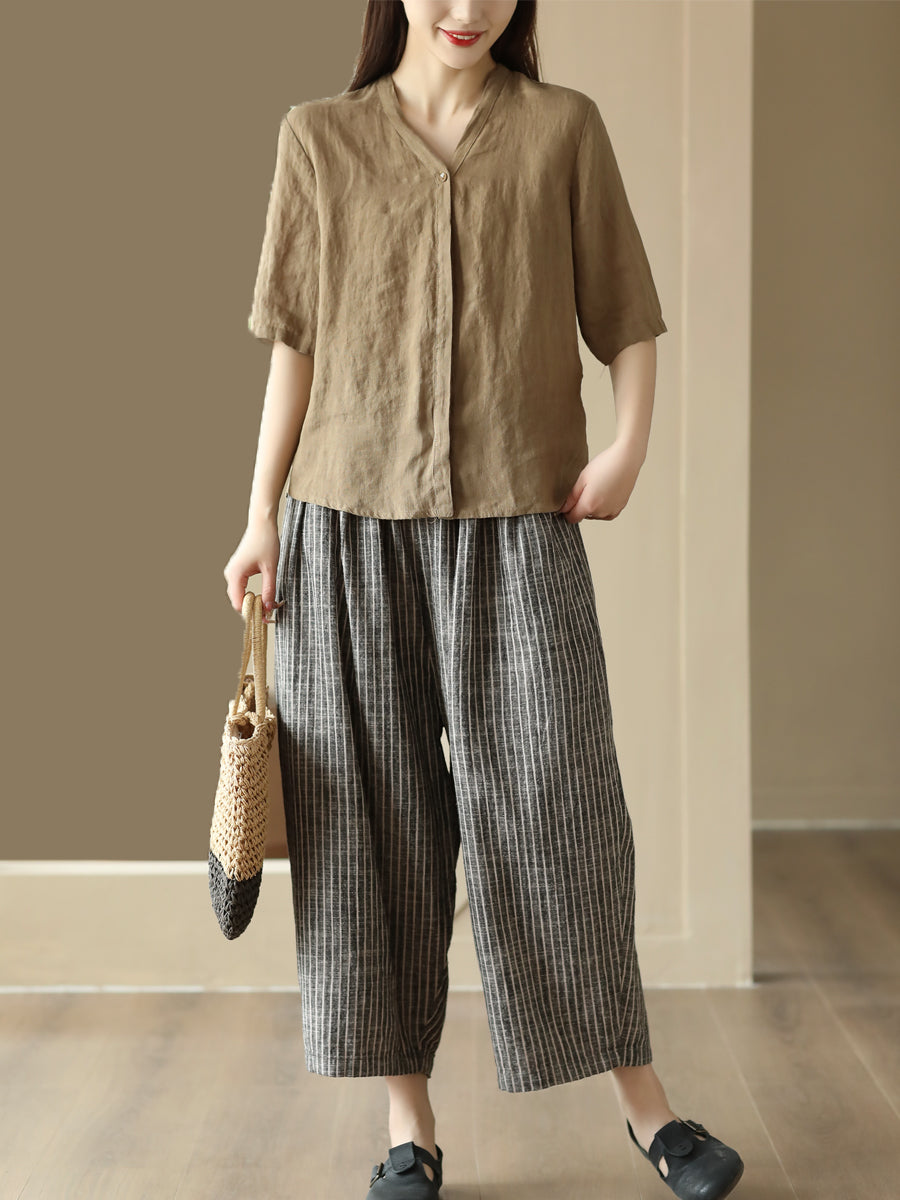 Women Summer Vintage Stripe Pocket Loose Linen Harem Pants