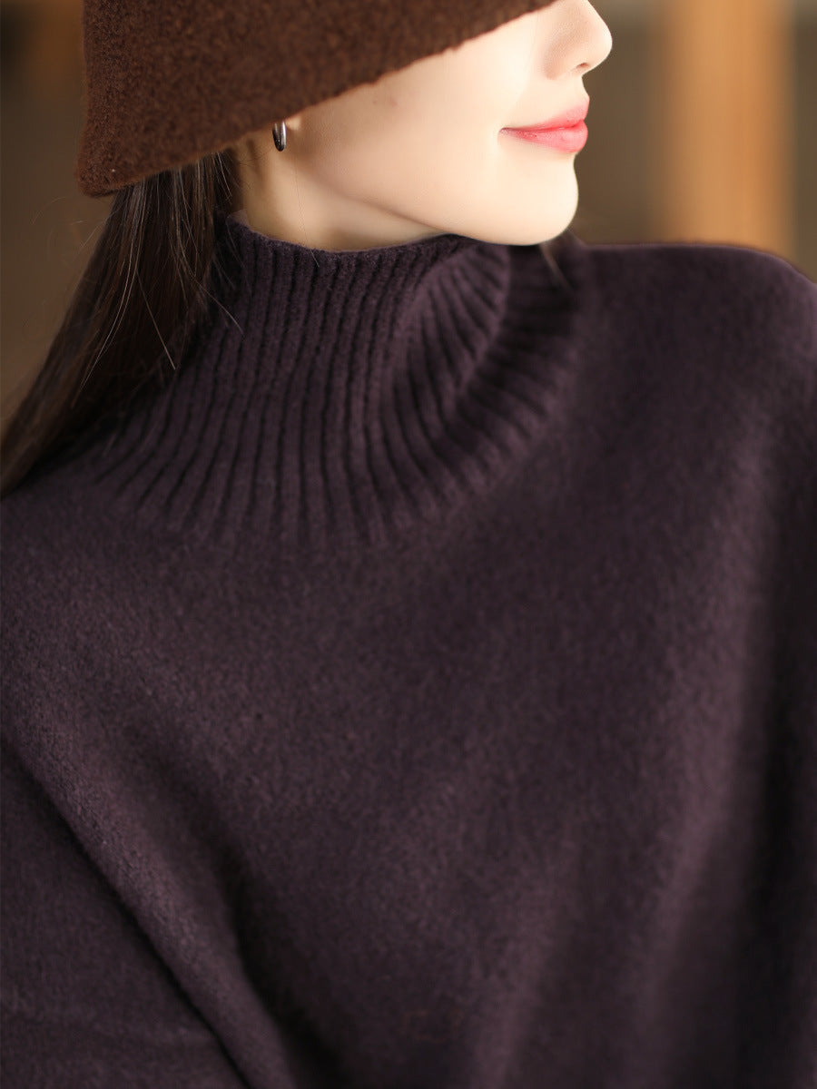 Women Casual Winter Solid Turtleneck Wool Sweater