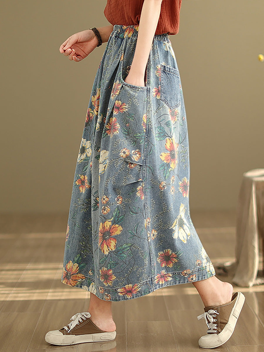 Women Artsy Flower Loose Summer Denim Skirt