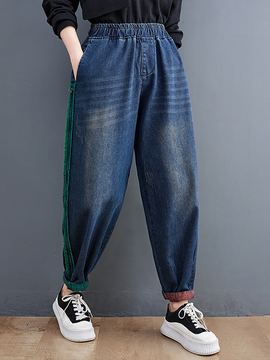 Women Casual Spring Colorblock Raw-edge Denim Pants