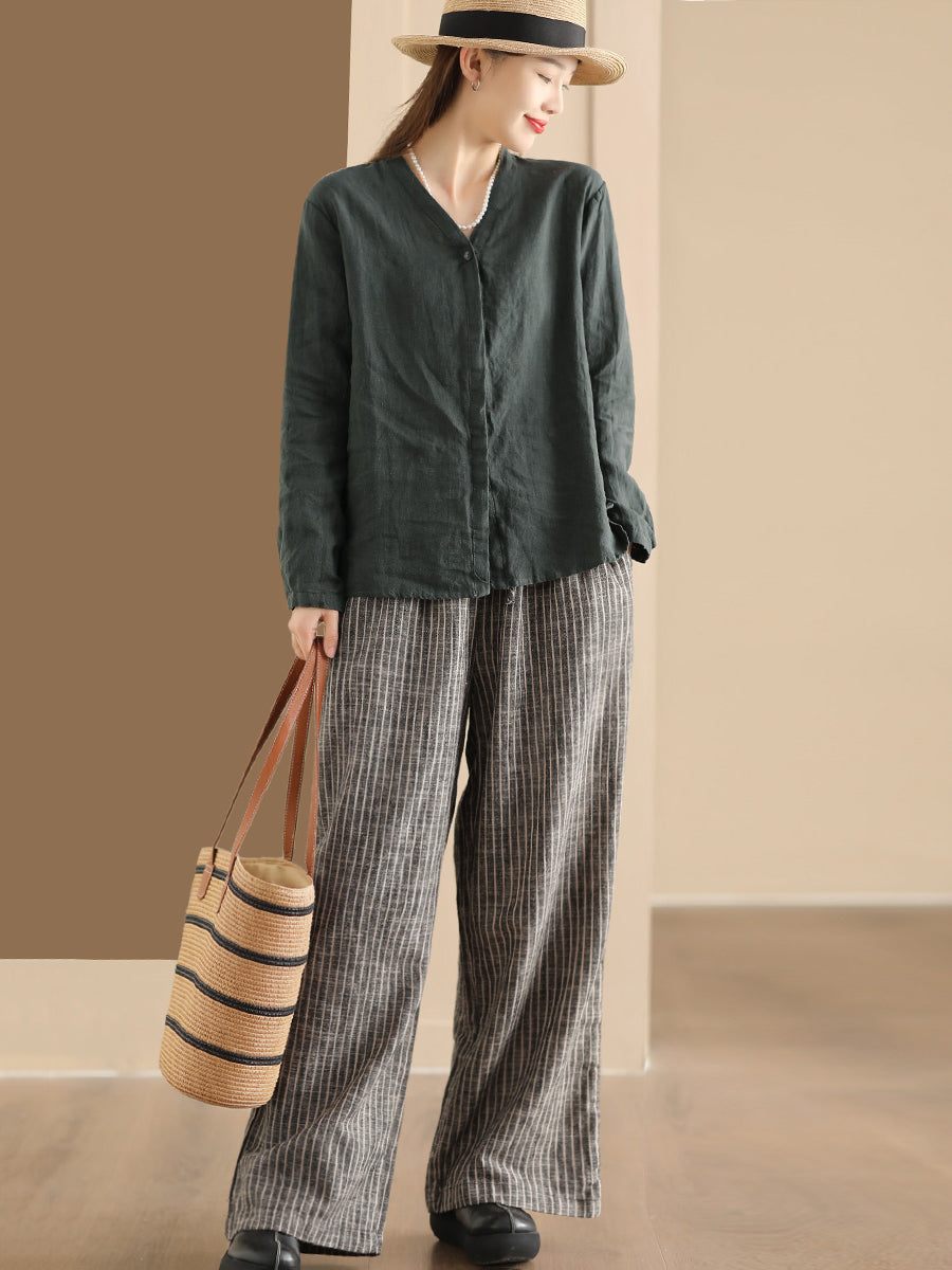 Women Vintage Stripe Linen Straight Leg Pants