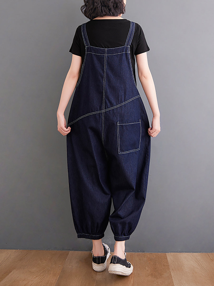 Women Vintage Solid Stitching Loose Denim Jumpsuits