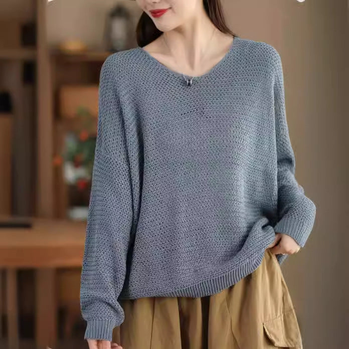 Women Spring Cotton Knitted V-neck Solid Casual Sweatshirt