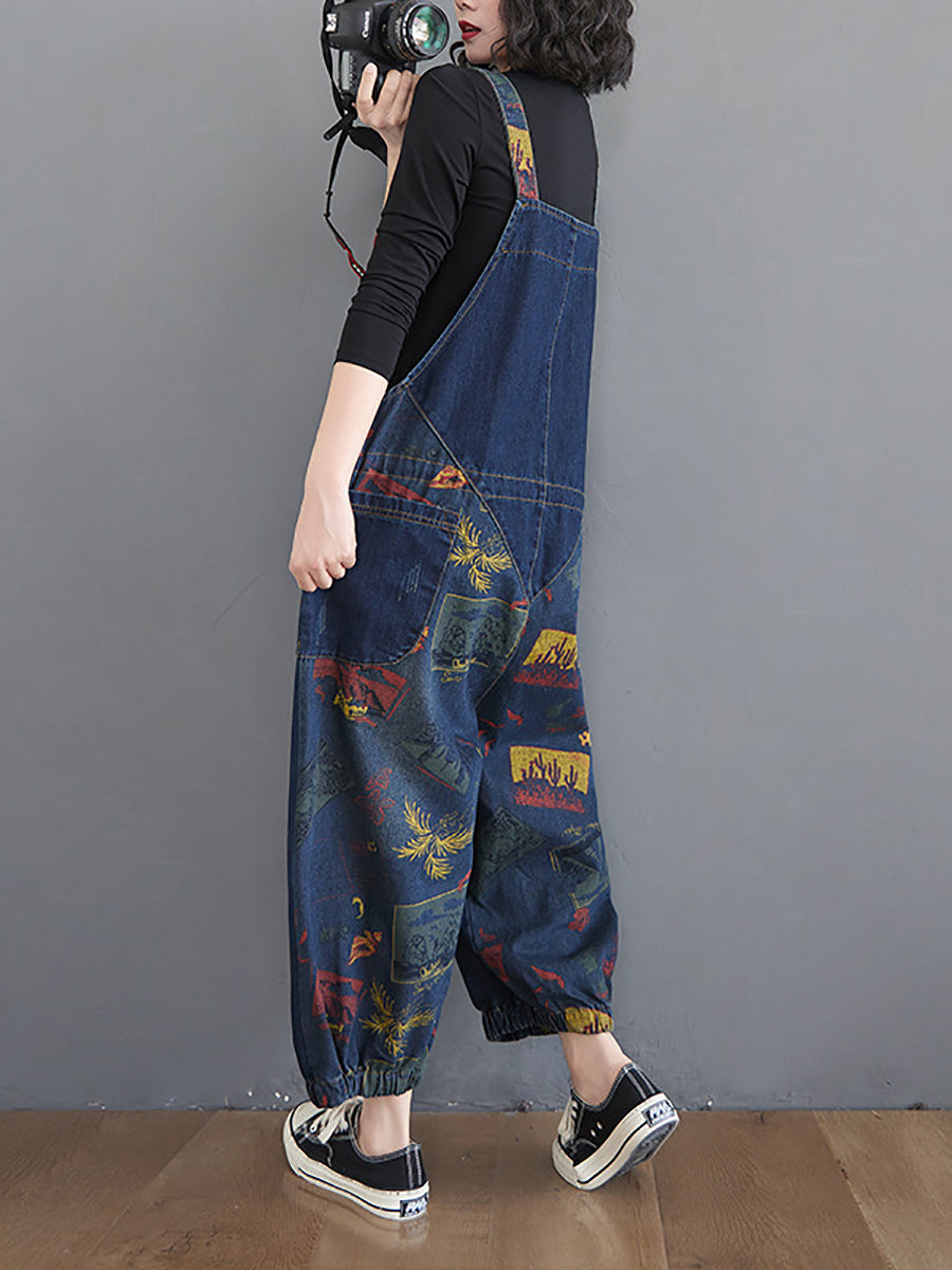 Women Casual Retro Print Pocket Loose Spliced Denim Jumpsuits