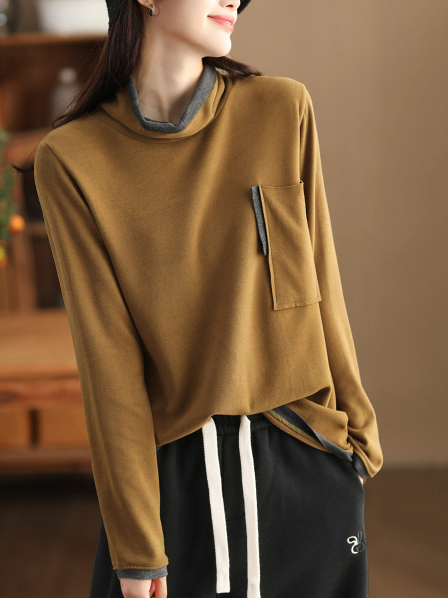 Women Fashion Turtleneck Spliced Warm Bottom Shirt