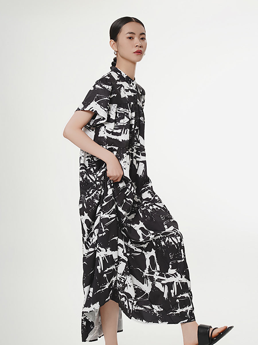 Women Summer Vintage Button Ink-print Pleat Loose Dress