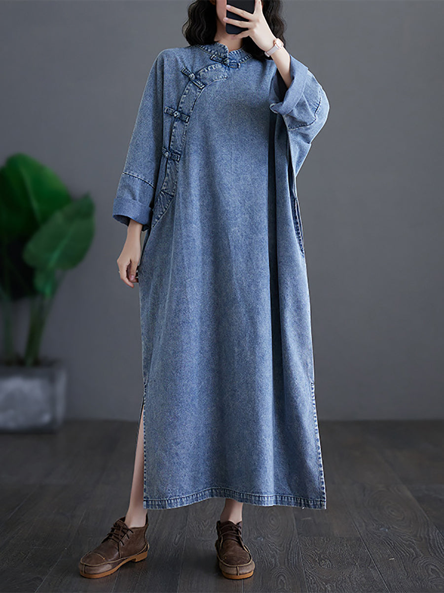 Women Ethnic Vintage Spring Buckle Denim Loose Dress