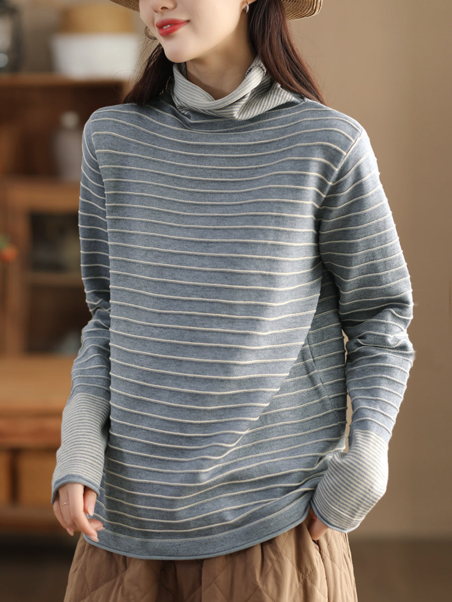 Women Casual Stripe Spliced Turtleneck Warm Sweatshirt