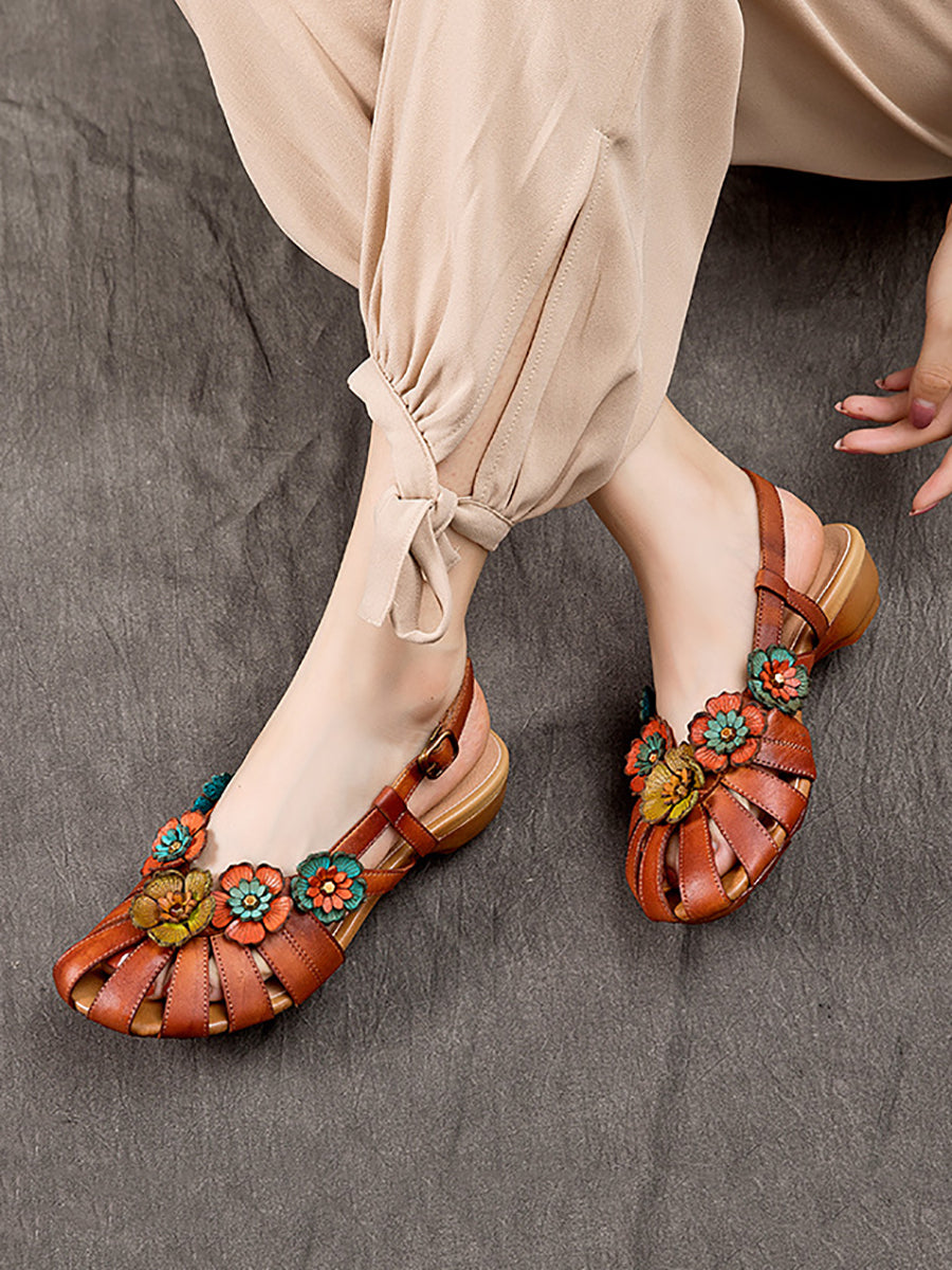 Women Summer Vintage Leather Flower Spliced Slippers