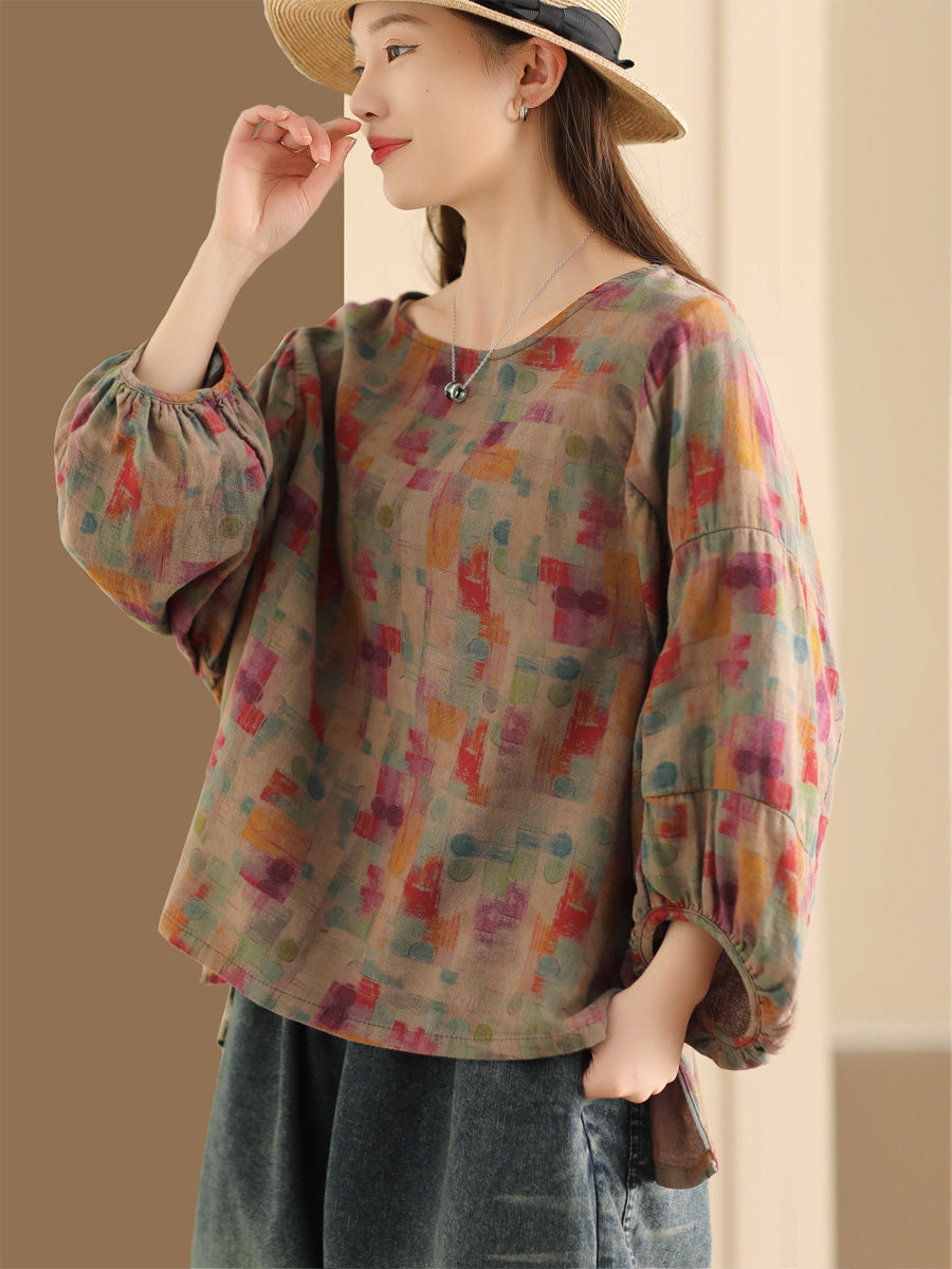 Women Vintage Floral Lantern Sleeve Cotton Shirt