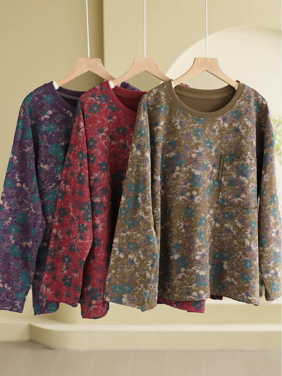 Women Vintage Cotton Flower O-Neck Sweatshirt