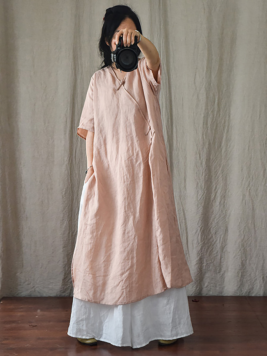 Women Summer Solid Button Thin Ramie Robe Dress