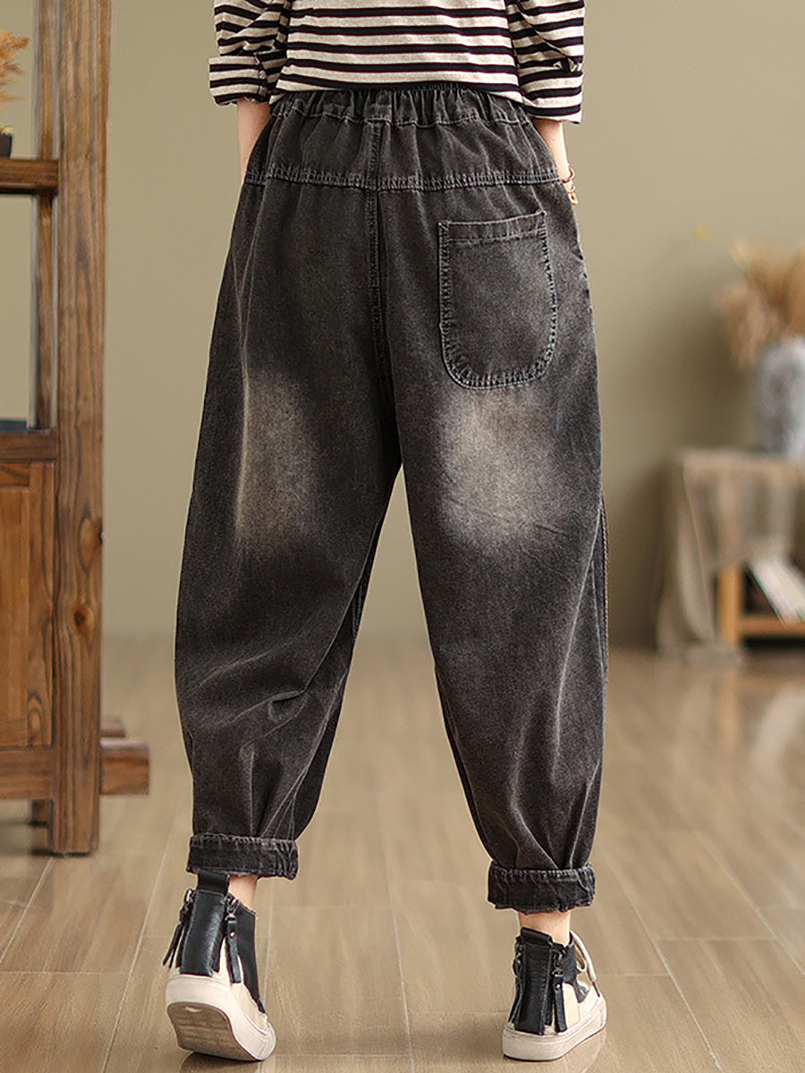 Women Casual Washed Stitching Denim Harem Pants