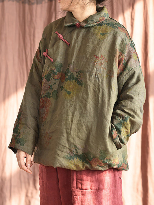 Women Ethnic Print Linen Padded Coat