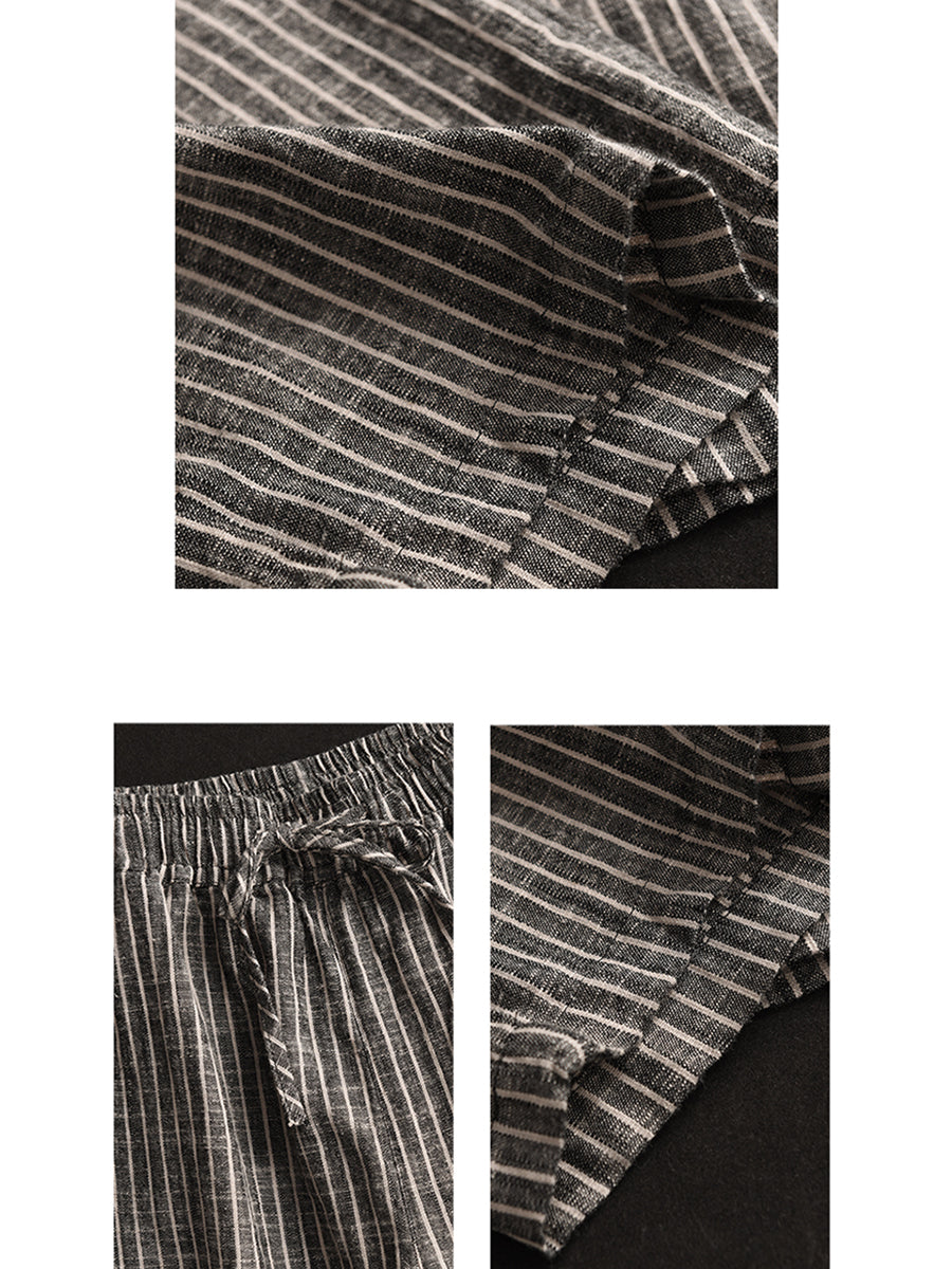 Women Vintage Stripe Linen Straight Leg Pants