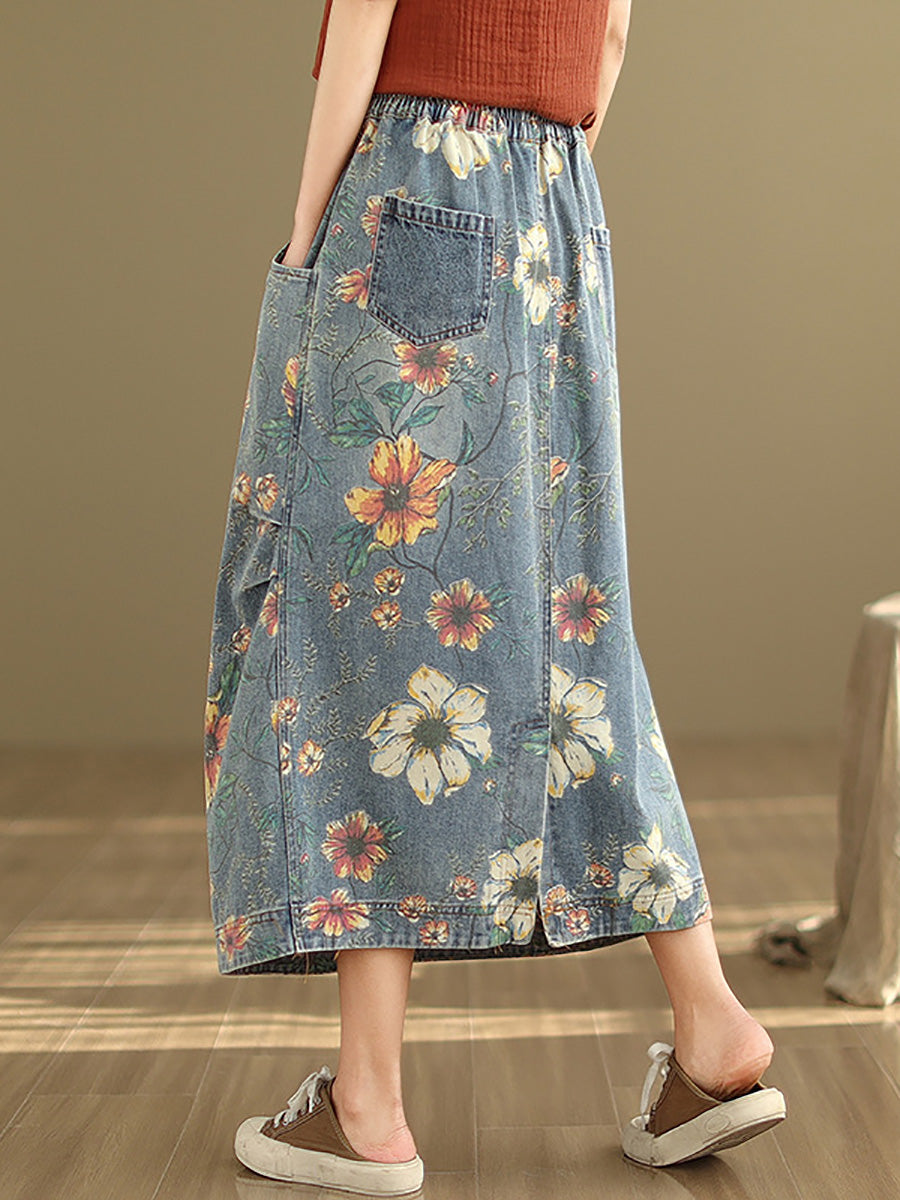 Women Artsy Flower Loose Summer Denim Skirt