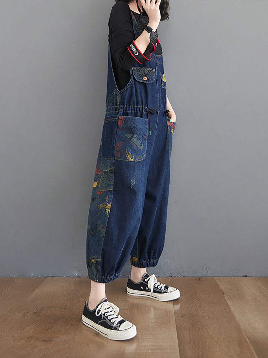 Women Casual Retro Print Pocket Loose Spliced Denim Jumpsuits