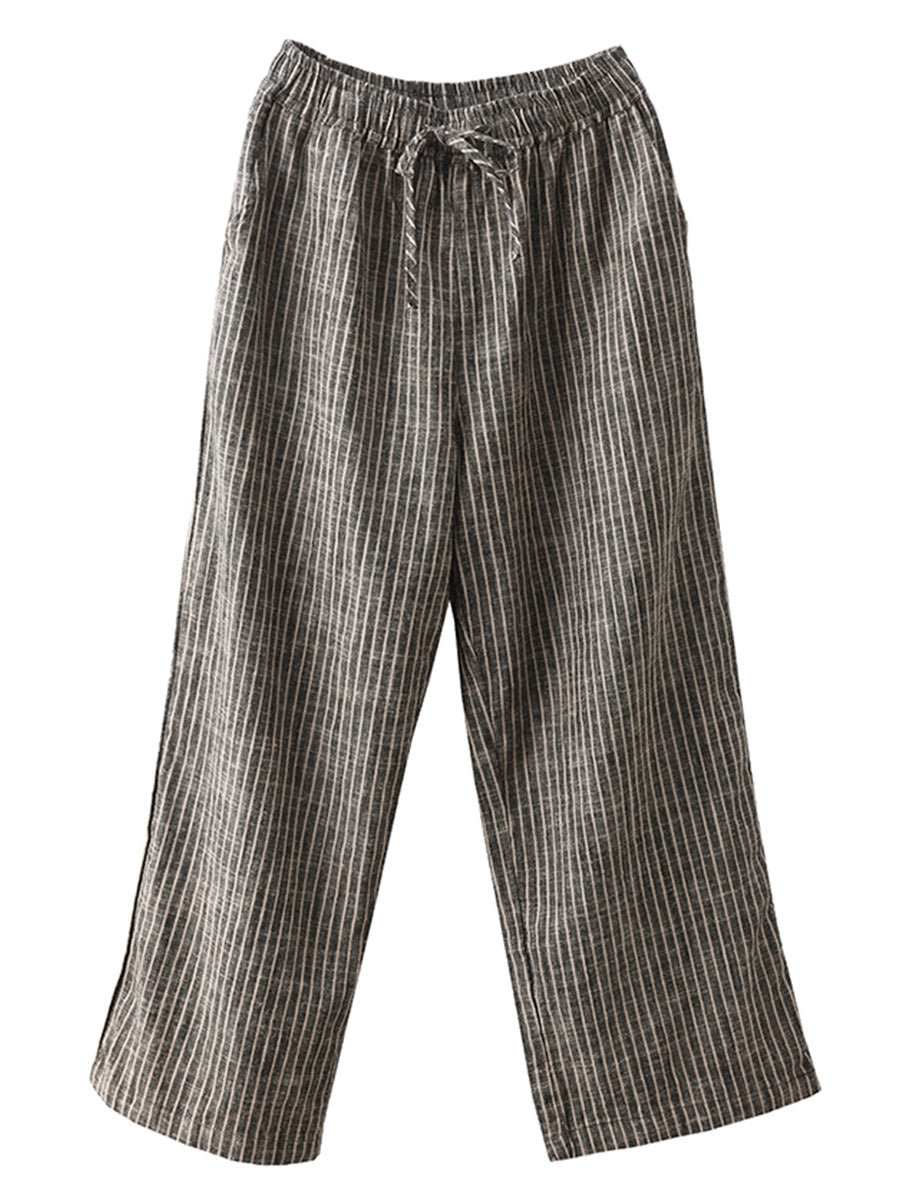 Women Vintage Stripe Linen Straight Leg Pants