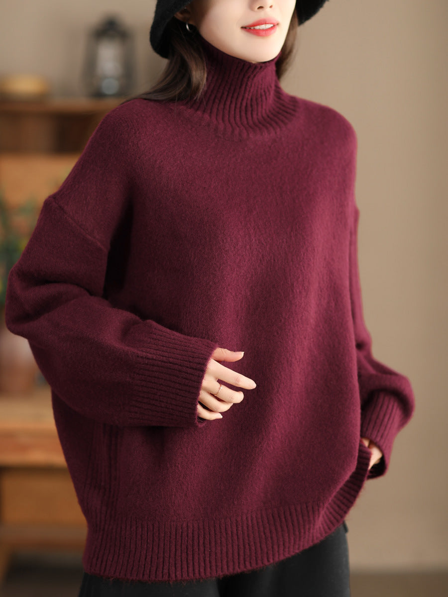 Women Casual Winter Solid Turtleneck Wool Sweater