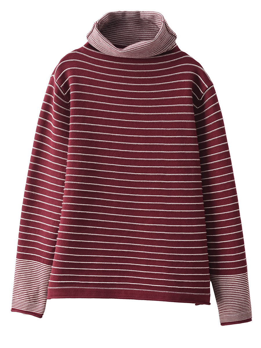 Women Casual Stripe Spliced Turtleneck Warm Sweatshirt