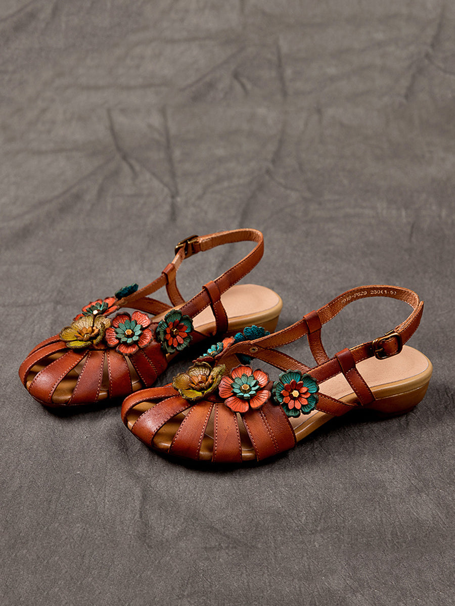 Women Summer Vintage Leather Flower Spliced Slippers