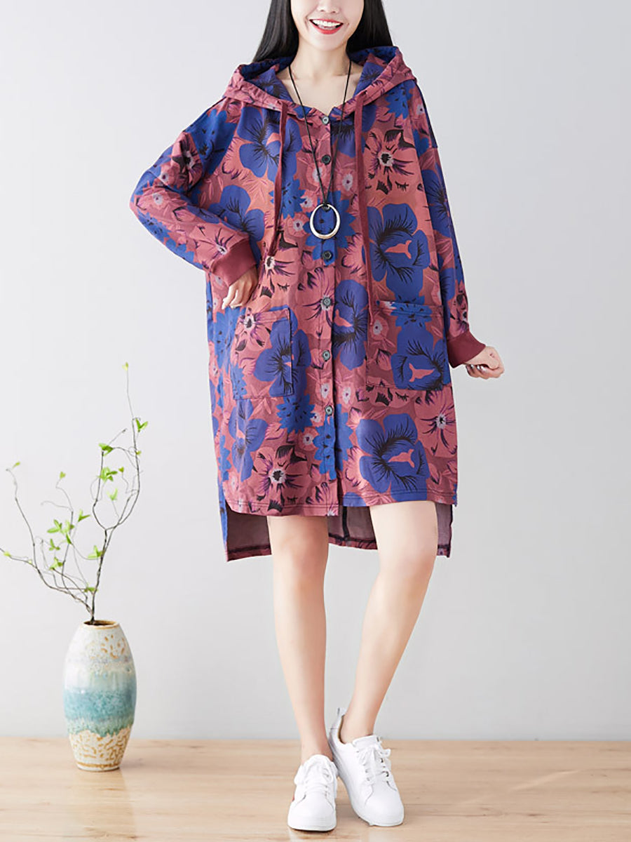 Women Casual Flower Spring Hooded Cotton Coat