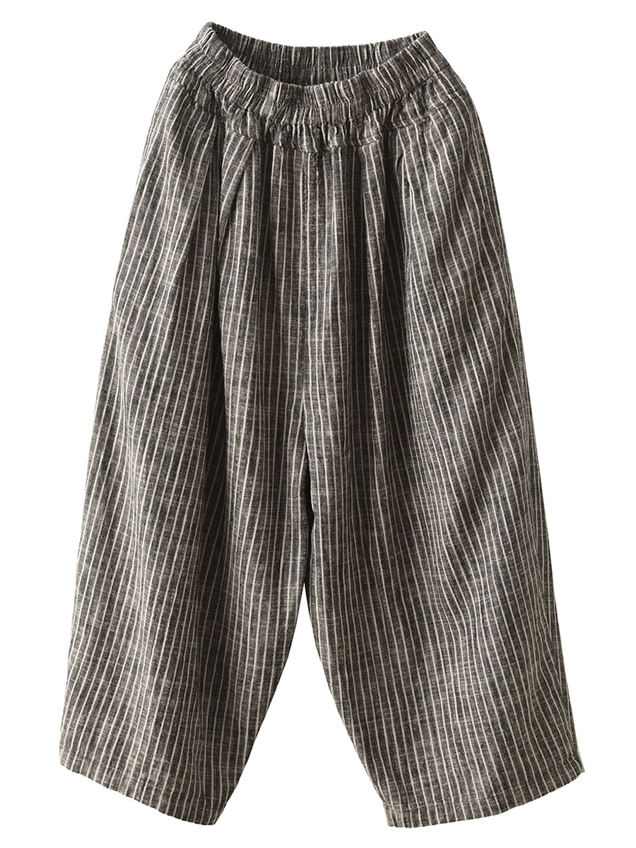 Women Summer Vintage Stripe Pocket Loose Linen Harem Pants