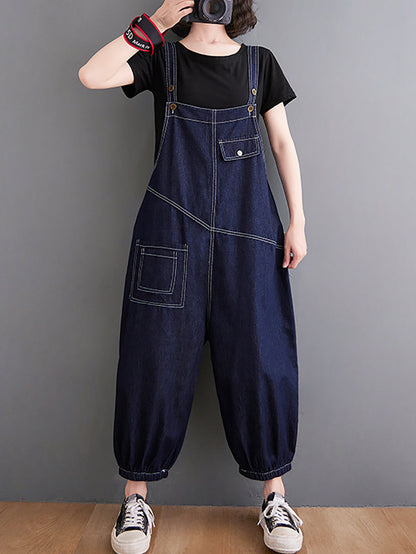 Women Vintage Solid Stitching Loose Denim Jumpsuits