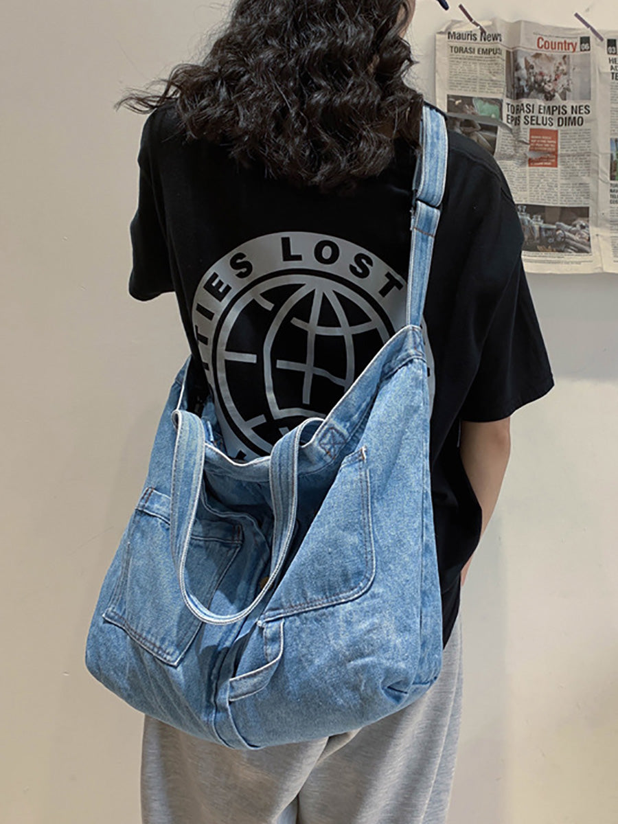 Women Vintage Solid Denim Shoulder Bag Crossbody Bag