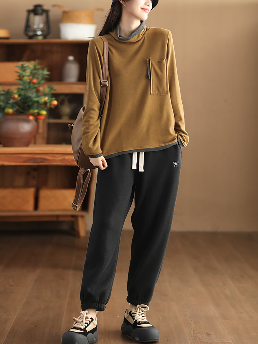 Women Fashion Turtleneck Spliced Warm Bottom Shirt