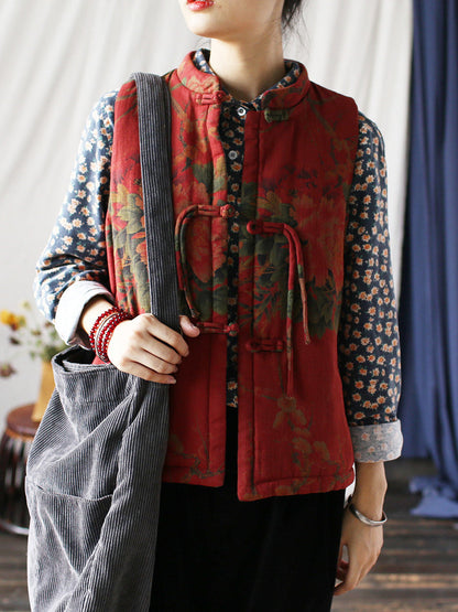 Women Vintage Flower Print Cotton Padded Coat