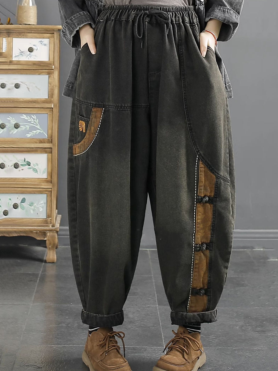 Women Retro Spring Spliced Demin Harem Pants