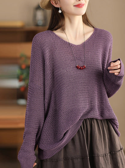 Women Spring Cotton Knitted V-neck Solid Casual Sweatshirt