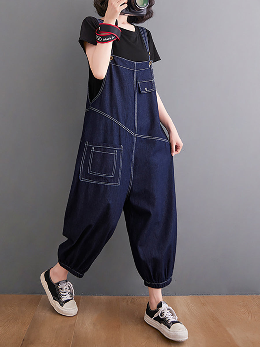 Women Vintage Solid Stitching Loose Denim Jumpsuits