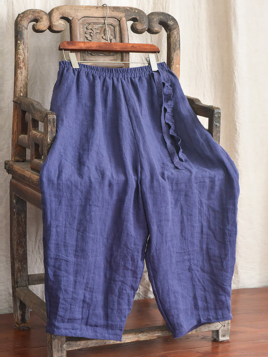 Women Casual Solid Drawstring Loose Linen Turnip Pants