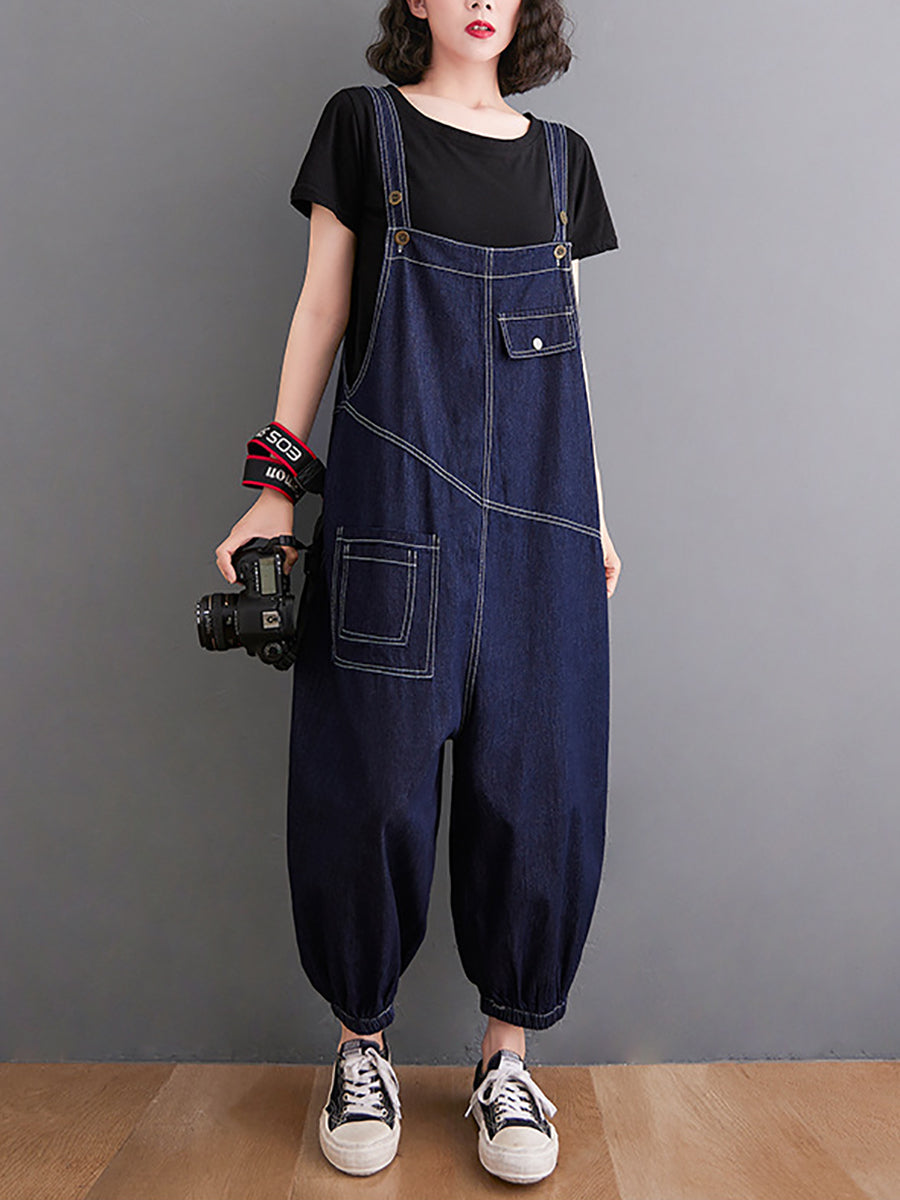 Women Vintage Solid Stitching Loose Denim Jumpsuits