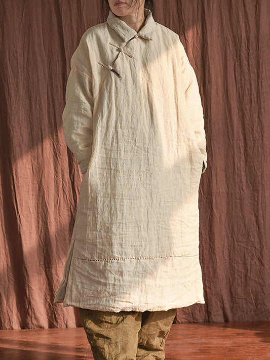 Women Chinese Vintage Frog Solid Split Hem Linen Robe Coat