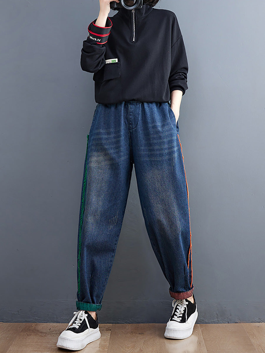 Women Casual Spring Colorblock Raw-edge Denim Pants